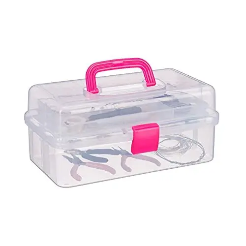Produktbild: Relaxdays Transparente Plastikbox, 9 Fächer, Werkzeugbox, Nähkästchen, Werkzeugkoffer, Werkzeug, HBT 14x33x19 cm, blau