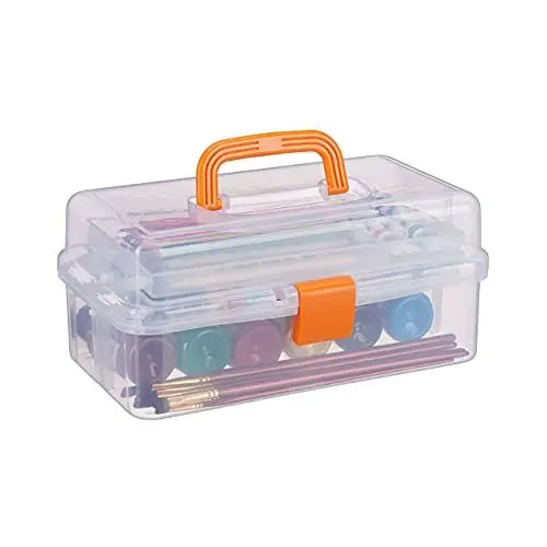 Produktbild: Relaxdays Transparente Plastikbox, 9 Fächer, Werkzeugbox, Nähkästchen, Werkzeugkoffer, Werkzeug, HBT 14x33x19 cm, orange