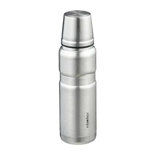 Produktbild: Relaxdays Trinkflasche Edelstahl, auslaufsicher, Kalt-& Heißgetränke, Vakuum Isolierflasche 500 ml, mit Becher, Silber