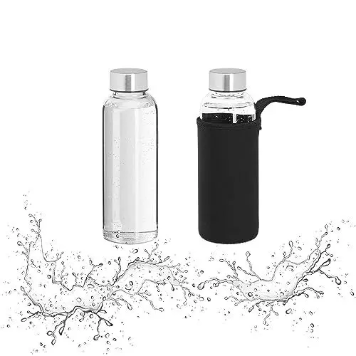 Produktbild: Relaxdays Trinkflasche Glas, 2er Set, 360ml, auslaufsicher, spülmaschinenfest, Hülle, Wasserflasche, transparent/schwarz