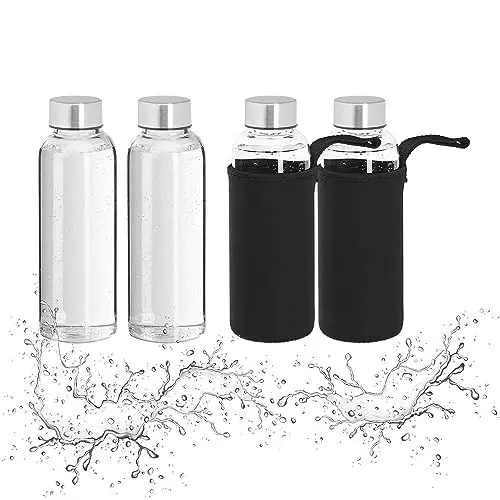 Produktbild: Relaxdays Trinkflasche Glas, 4er Set, 360ml, auslaufsicher, spülmaschinenfest, Hülle, Wasserflasche, transparent/schwarz
