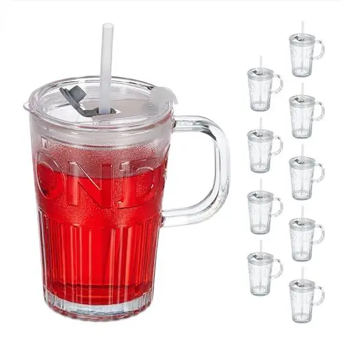 Produktbild: Relaxdays Trinkgläser 10er Set, Getränkebecher mit Deckel & Strohhalm, Eisteebecher 450 ml, Saftglas Henkel, transparent