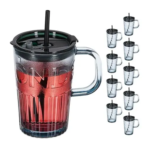 Produktbild: Relaxdays Trinkgläser 10er Set, Getränkebecher mit Deckel & Strohhalm, Smoothiebecher 450 ml, Saftglas Henkel, grau