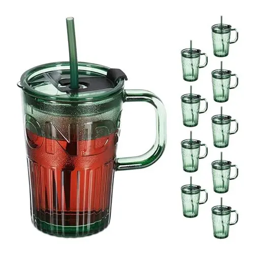 Produktbild: Relaxdays Trinkgläser 10er Set, Getränkebecher mit Deckel & Strohhalm, Smoothiebecher 450 ml, Saftglas Henkel, grün