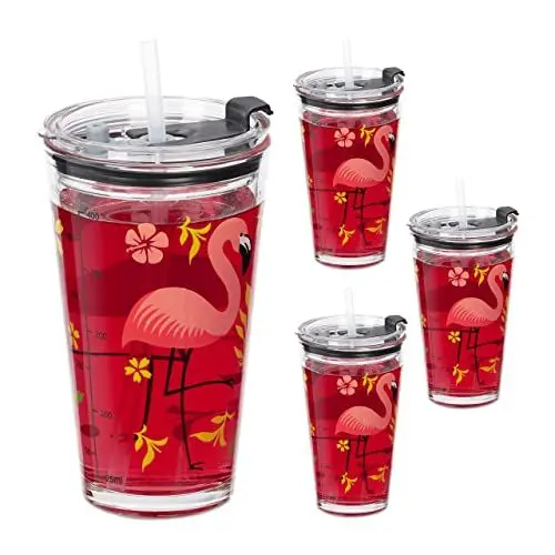 Produktbild: Relaxdays Trinkgläser 4er Set, Flamingo-Motiv, Deckel & Strohhalm, 450 ml, Glasbecher Kinder, Smoothieglas, transparent