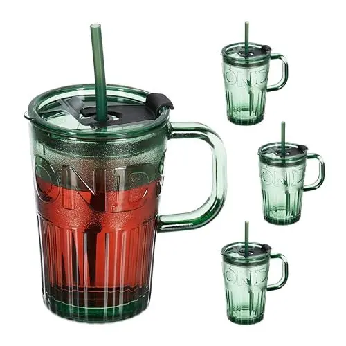 Produktbild: Relaxdays Trinkgläser 4er Set, Getränkebecher mit Deckel & Strohhalm, Limoglas, Saftglas 450 ml, Glasbecher Henkel, grün