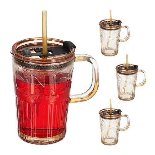 Produktbild: Relaxdays Trinkgläser 4er Set, Getränkebecher mit Deckel & Strohhalm, Saftglas 450 ml, Glastrinkbecher Henkel, Hellbraun