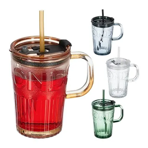 Produktbild: Relaxdays Trinkgläser 4er Set, Getränkebecher mit Deckel & Strohhalm, Smoothiebecher 450 ml, Glasbecher Henkel, bunt