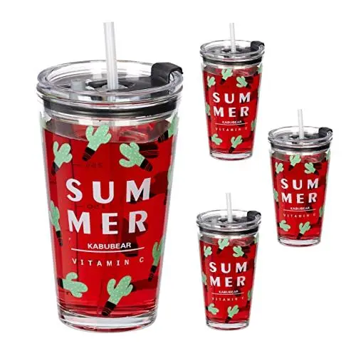 Produktbild: Relaxdays Trinkgläser 4er Set, Kaktus-Motiv, Deckel & Strohhalm, 450 ml Skala, Glasbecher Kinder, Saftglas, transparent