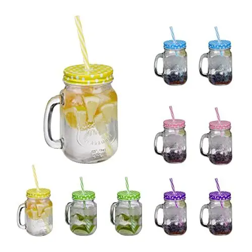 Produktbild: Relaxdays Trinkgläser mit Deckel und Strohhalm, 10er Set Limonadengläser, 500 ml, Retro Sommergläser mit Henkel, bunt