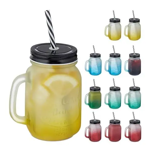 Produktbild: Relaxdays Trinkgläser mit Deckel und Strohhalm, 12er Set, 400 ml, Frosted-Optik, Sommergläser mit Henkel, bunt/schwarz