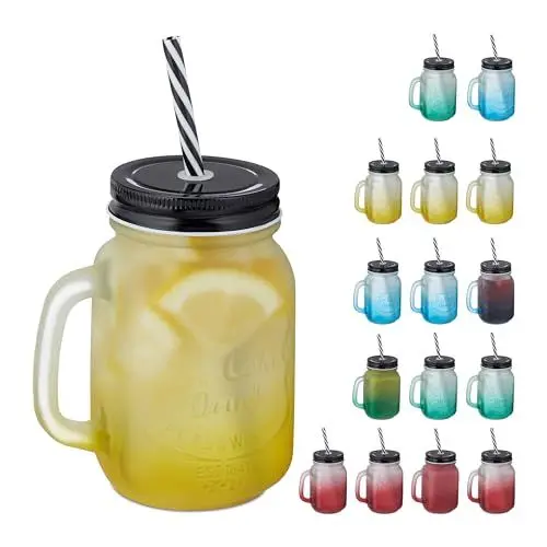 Produktbild: Relaxdays Trinkgläser mit Deckel und Strohhalm, 16er Set, 400 ml, Frosted-Optik, Sommergläser mit Henkel, bunt/schwarz