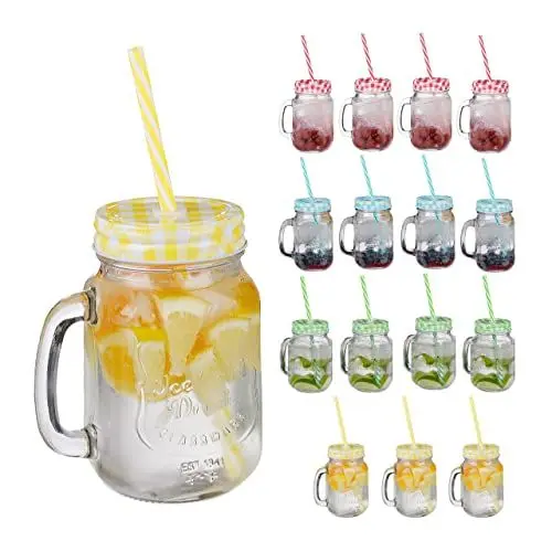 Produktbild: Relaxdays Trinkgläser mit Deckel und Strohhalm, 16er Set Limonadengläser, 500 ml, Retro Sommergläser mit Henkel, bunt