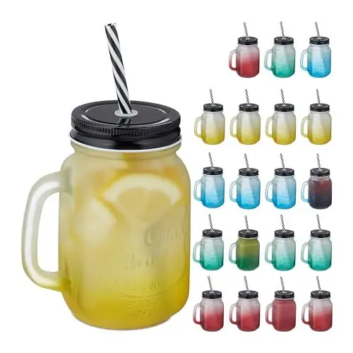 Produktbild: Relaxdays Trinkgläser mit Deckel und Strohhalm, 20er Set, 400 ml, Frosted-Optik, Sommergläser mit Henkel, bunt/schwarz