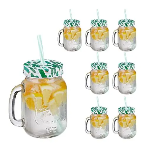 Produktbild: Relaxdays Trinkgläser mit Deckel und Strohhalm, 8er Set, Kaktus-Motiv, 500 ml, Sommer Limonadengläser mit Henkel, bunt, 19 x 11 x 8 cm, Transparent, Dunkelgrün, Weiß