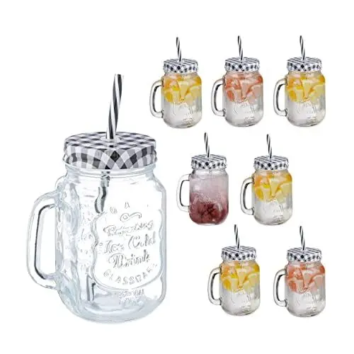 Produktbild: Relaxdays Trinkgläser mit Deckel und Strohhalm, 8er Set Limonadengläser, 500 ml, Retro Sommergläser mit Henkel, schwarz, 19 x 11 x 8 cm