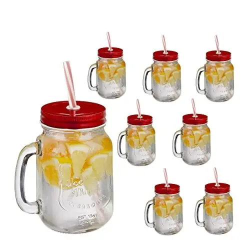Produktbild: Relaxdays Trinkgläser, mit Deckel und Strohhalm, 8er Set Limonadengläser, 500 ml, Retro Sommergläser mit Henkel, rot