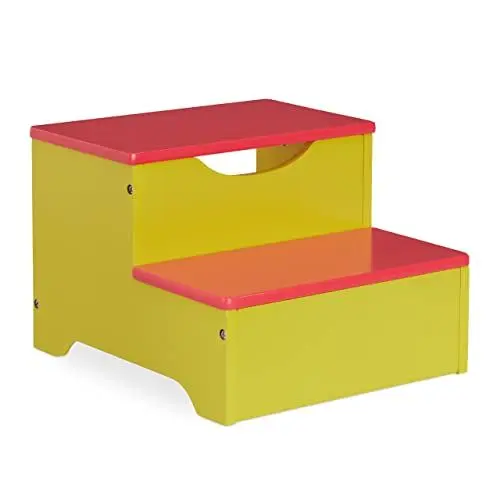 Produktbild: Relaxdays Tritthocker Kinder, Trittschemel mit 2 Stufen, 25 cm hoch, Bad, MDF, Kindertritt für Waschbecken, gelb/rot