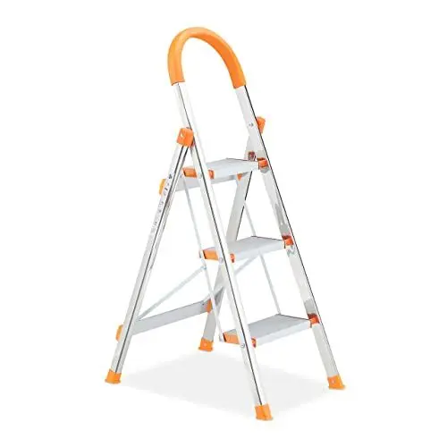 Produktbild: Relaxdays Trittleiter, 3 Stufen, klappbare Haushaltsleiter, bis 150 kg, Sicherheitsleiter mit Haltebügel, Silber/orange