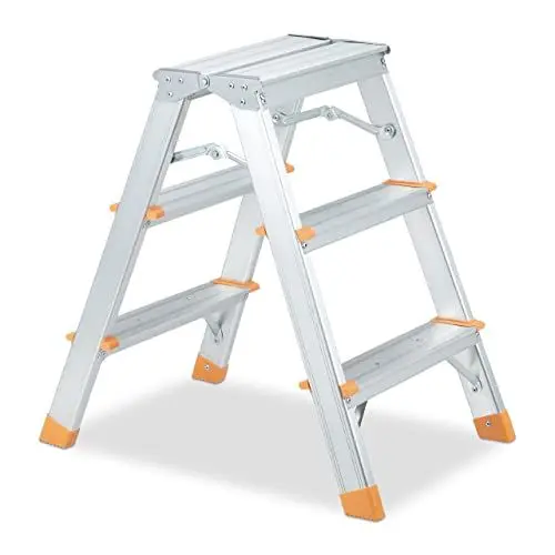 Produktbild: Relaxdays Trittleiter, Aluminium, klappbar, 3 Stufen, Leiter bis 150 kg, beidseitig begehbar, Stehleiter, Silber/orange