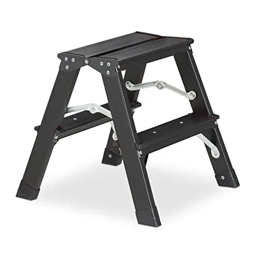 Produktbild: Relaxdays Trittleiter klappbar, 2 Stufen, Treppenleiter Aluminium, Leiter bis 120 kg, HxBxT: 39 x 38 x 40 cm, schwarz