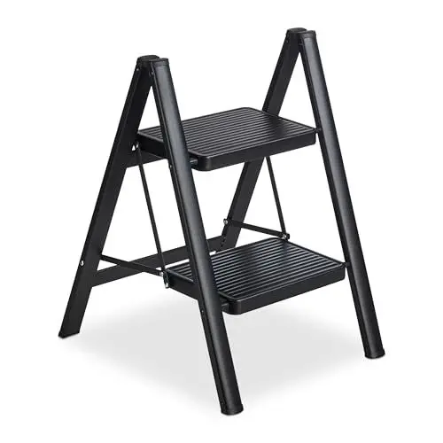 Produktbild: Relaxdays Trittleiter klappbar, 2 Stufen, leichte Treppenleiter Stahl, Leiter bis 120 kg, HxBxT 60 x 42 x 48 cm, schwarz