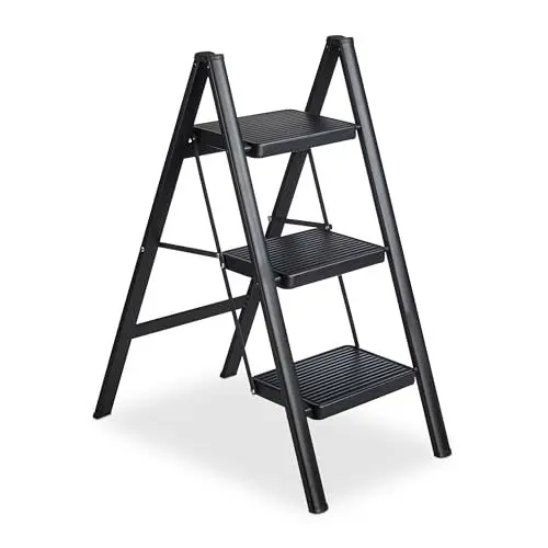 Produktbild: Relaxdays Trittleiter klappbar, 3 Stufen, leichte Treppenleiter Stahl, Leiter bis 120 kg, HxBxT 85 x 42 x 66 cm, schwarz