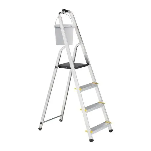 Produktbild: Relaxdays Trittleiter klappbar, 4 Stufen, Aluminium, 150 kg, mit Sicherheitsbügel, HBT: 137 x 43 x 75 cm, Silber/schwarz