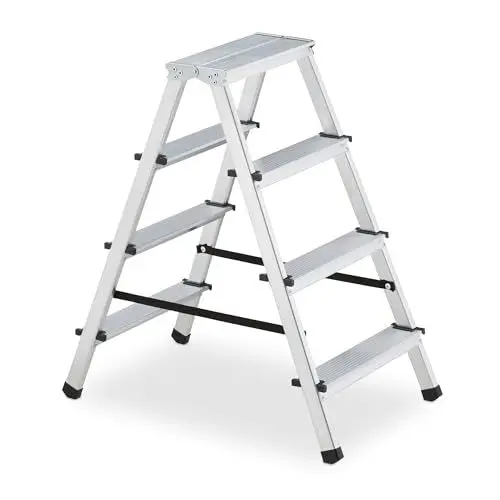 Produktbild: Relaxdays Trittleiter klappbar, 4 Stufen, Treppenleiter Aluminium, Leiter bis 125 kg, HxBxT: 80,5 x 43 x 75 cm, Silber