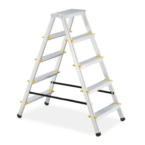 Produktbild: Relaxdays Trittleiter klappbar, 5 Stufen, Aluminium, 150 kg, beidseitig begehbar, H x B x T 103 x 45,5 x 92,5 cm, Silber