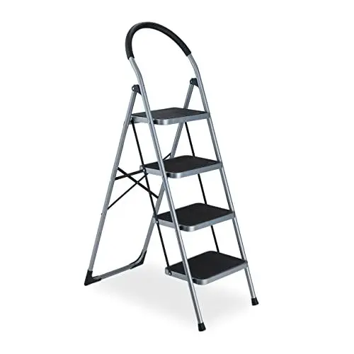 Produktbild: Relaxdays Trittleiter, klappbare Haushaltsleiter, 4 Stufen, bis 150 kg, Stufenleiter mit Haltegriff, Stahl, grau/schwarz