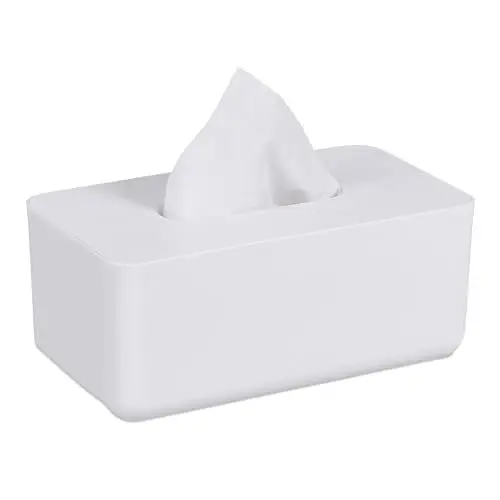 Produktbild: Relaxdays Tücherbox mit Bambus-Deckel, für Bad, Taschentuchbox, modernes Design, HxBxT: 10x23x13 cm, Kunststoff, weiß