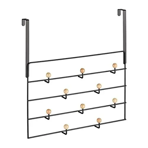 Produktbild: Relaxdays Türgarderobe, 10 Haken, Türhaken zum Einhängen, für 4 cm Tür, Flur & Schlafzimmer, Kleiderhaken, schwarz/natur, 47,5 x 46 x 9 cm