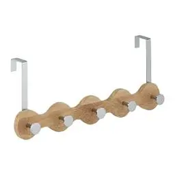 Produktbild: Relaxdays Türgarderobe, 5 Haken, Holz & Metall, zum Einhängen, Hakenleiste für Türen, Flur & Schlafzimmer, natur/silber