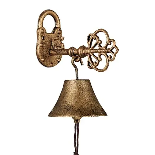Produktbild: Relaxdays Türglocke Gusseisen, antikes Design, Gartenglocke Schlüssel, mit Kordel, Glocke für draußen, Wandglocke, Gold