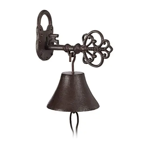 Produktbild: Relaxdays Türglocke aus Gusseisen, Schlüssel und Schloss, Nostalgiecharme, für Haus und Garten, Landhausstil, rostbraun, 1 Stück, Braun