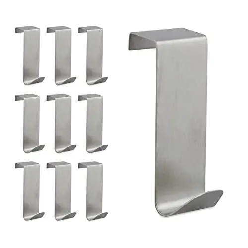 Produktbild: Relaxdays Türhaken, 10er Set, zum Einhängen, Kleiderhaken für Tür & Schrank, Haken für 2 cm Türfalz, Edelstahl, Silber, 10 Stück 10027719