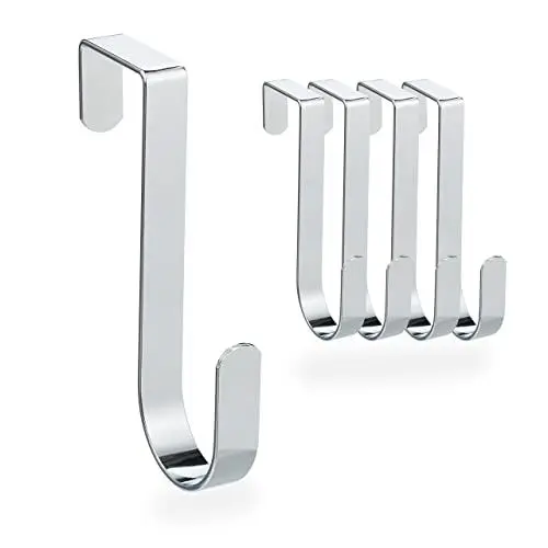Produktbild: Relaxdays Türhaken 5er Set, für Türen ohne Falz bis 4 cm, Türaufhänger für Flur & Bad, Kleiderhaken 12 cm lang, silber