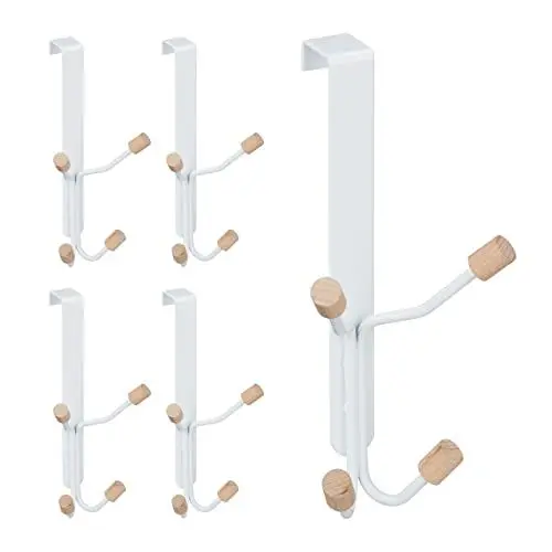 Produktbild: Relaxdays Türhaken 5er Set, skandinavisch, Vierfachhaken Tür, Garderobe Eisen & Holz, HxBxT: 19 x 9 x 8 cm, weiß/natur