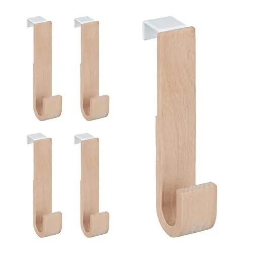 Produktbild: Relaxdays Türhaken im 5er Set, Holz & Eisen, Jacken, Handtücher, Kleiderhaken Flur, HxBxT: 13 x 2,5 x 6 cm, weiß/natur