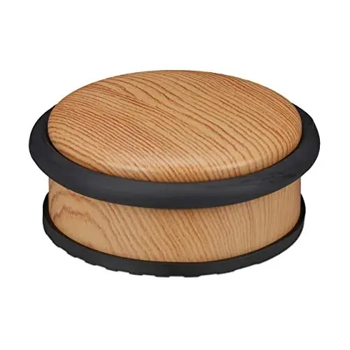 Produktbild: Relaxdays Türstopper Boden, für schwere Türen, Edelstahl, Gummi, flach, Holzoptik Bodenpuffer HxD 5 x 10,5 cm, hellbraun