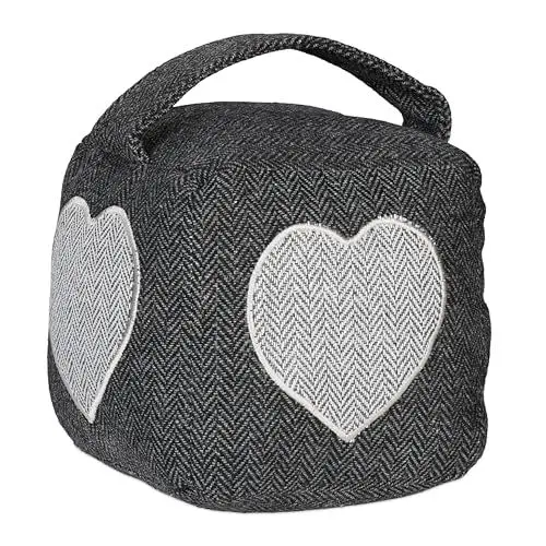 Produktbild: Relaxdays Türstopper Herz, Stoff mit Sandfüllung, Türpuffer für Boden, Deko Türsack, HxBxT: 18 x 15 x 15 cm, grau/weiß