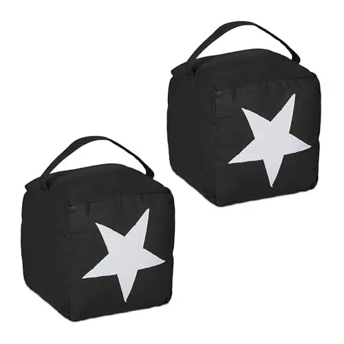 Produktbild: Relaxdays Türstopper Stern 2er Set, Stoff mit Sandfüllung, Türpuffer Boden, Deko Türsack, HBT: 18x15x15 cm, schwarz/weiß