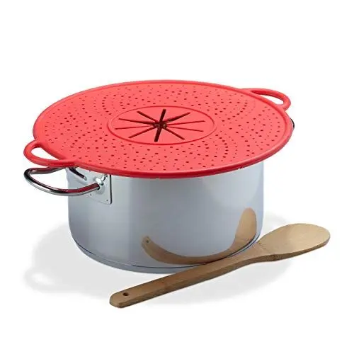 Produktbild: Relaxdays Überkochschutz Silikon, Spritzschutz & Untersetzer für Töpfe, hitzebeständig, pflegeleicht, 1 x 36.5 x 31 cm, Rot