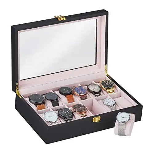 Produktbild: Relaxdays Uhrenbox, 12 Fächer, Samt-Uhrenkissen, Glasfenster, HxBxT: 8,5 x 31,5 x 21 cm, Uhrenkasten, MDF, schwarz-rosa