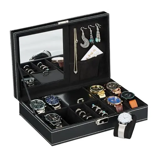 Produktbild: Relaxdays Uhrenbox für 8 Uhren, Uhrenkasten mit Schmuckablage, Lederoptik, Samtbezug, HxBxT: 8 x 30 x 20,5 cm, schwarz