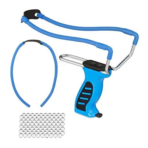 Produktbild: Relaxdays Unisex – Erwachsene stenslynge Relaxdays Steinschleuder inkl 100 Kugeln Ersatzgummi Wurfarm verstellbar Sport ab 18 Jahre P, blau, 1 Stück EU