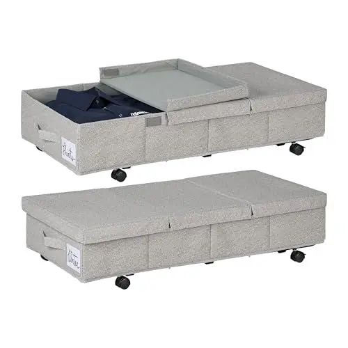Produktbild: Relaxdays Unterbettkommode 2er Set, 50 L, mit Rollen, HxBxT: 20x80x40 cm, faltbar, mit Deckel, Unterbettbox flach, grau