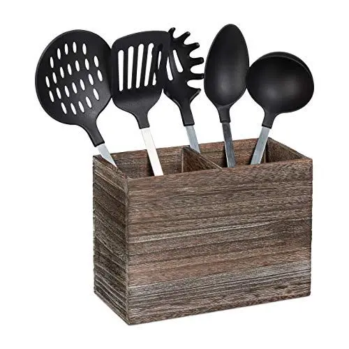 Produktbild: Relaxdays Utensilienhalter Küche, 2 Fächer für Küchenhelfer & Besteck, HBT 17x24x12cm, Besteckkorb aus Holz, dunkelbraun