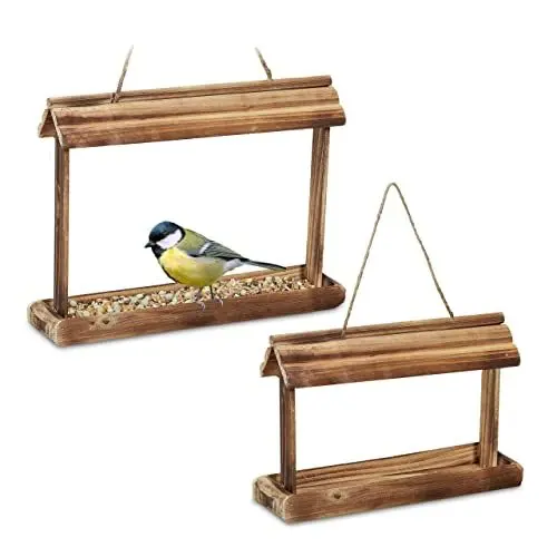 Produktbild: Relaxdays Vogelfutterhaus 2er Set, geflammtes Holz, zum Aufhängen, HxBxT: 23,5 x 31,5 x 8 cm, Vogelfutterstation, Natur